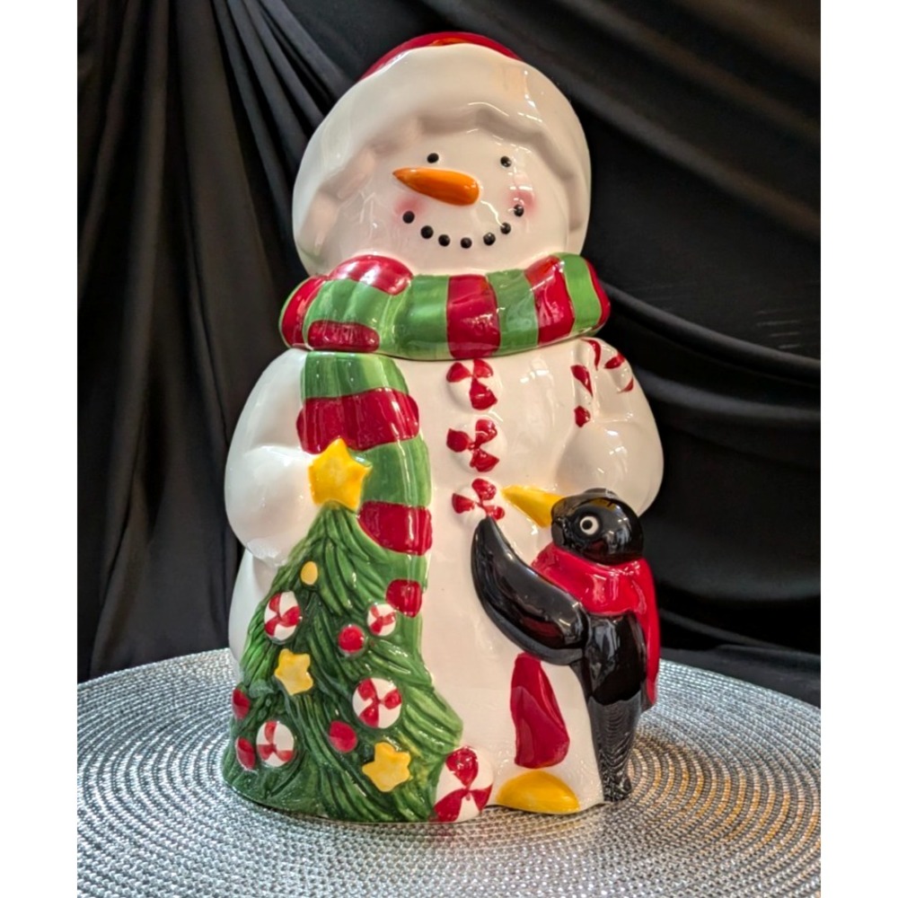 Snowman Cookie Jar W/ Penguin Christmas Decor Holiday Season Container
